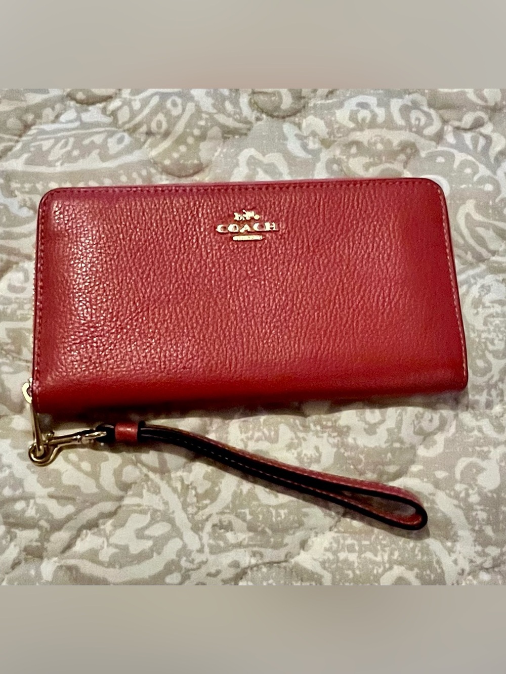 Coach Dark Rose Pebbled Leather Zip Wristlet with Gold Logo